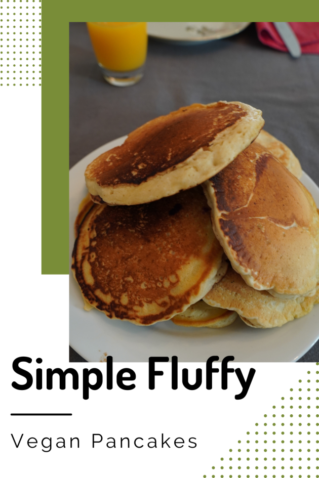 stack of simple fluffy vegan pancakes on plate and title