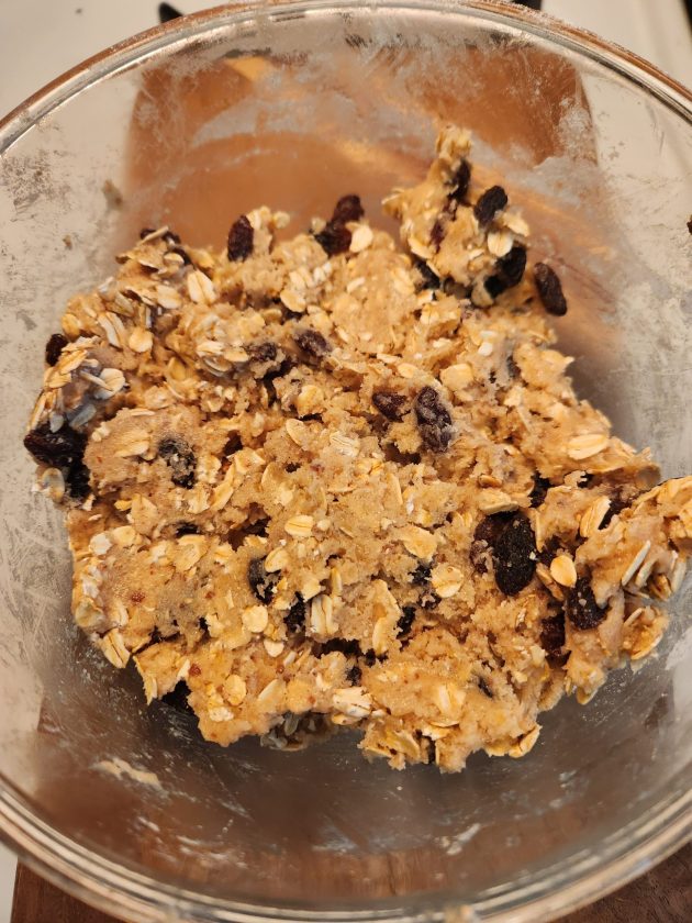 final cookie dough for flax raisin oatmeal cookies in a glass bowl